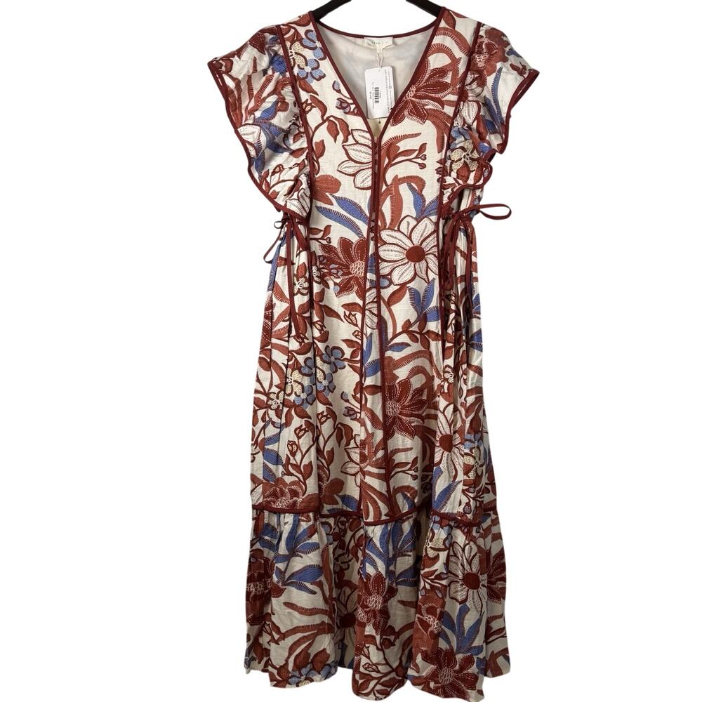Entro Botanical Midi Dress Women's 1X Brown Blue Floral Boho Tiered Ruffle Ties